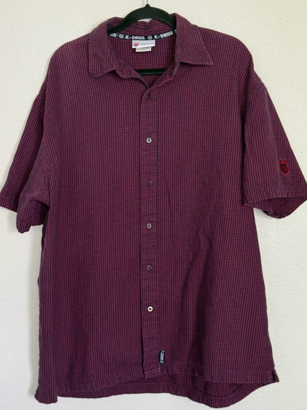 Vintage 90s K-Swiss Plaid Button Down Shirt Mens Large L Short Sleeve Tattersall